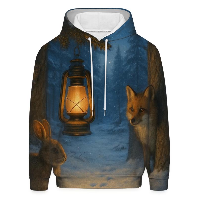 Lantern In Snowy Forest Clearing pullover hoodies