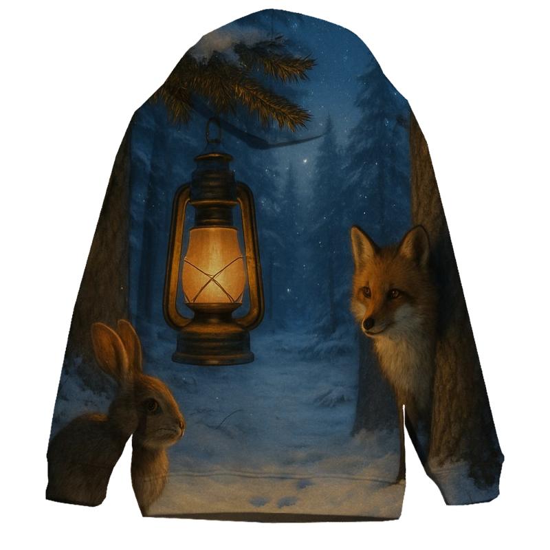 Lantern In Snowy Forest Clearing pullover hoodies