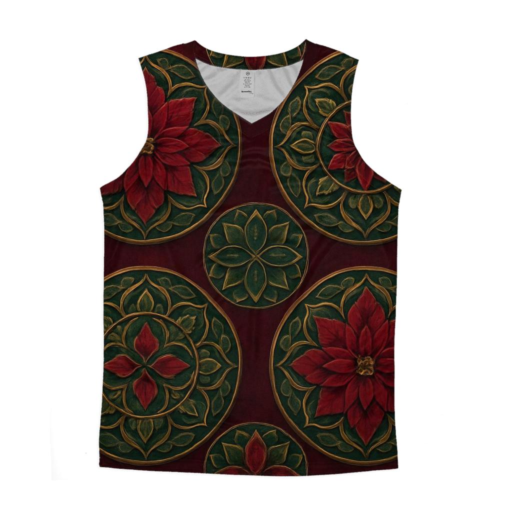 Poinsettia Concentric Array On Burgundy Background trendy fitted tank tops