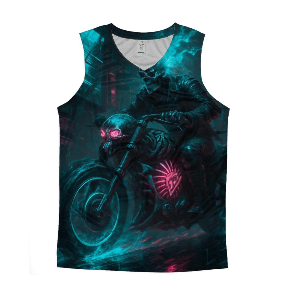 Spectral Rider Through Neon Ruins graphic print tank tops