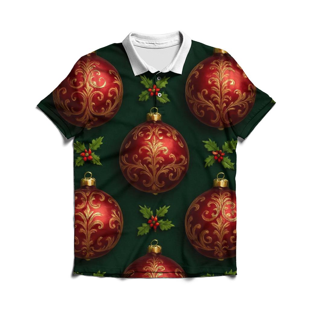 Crimson Ornament Grid On Dark Green Background stylish collar polo tees