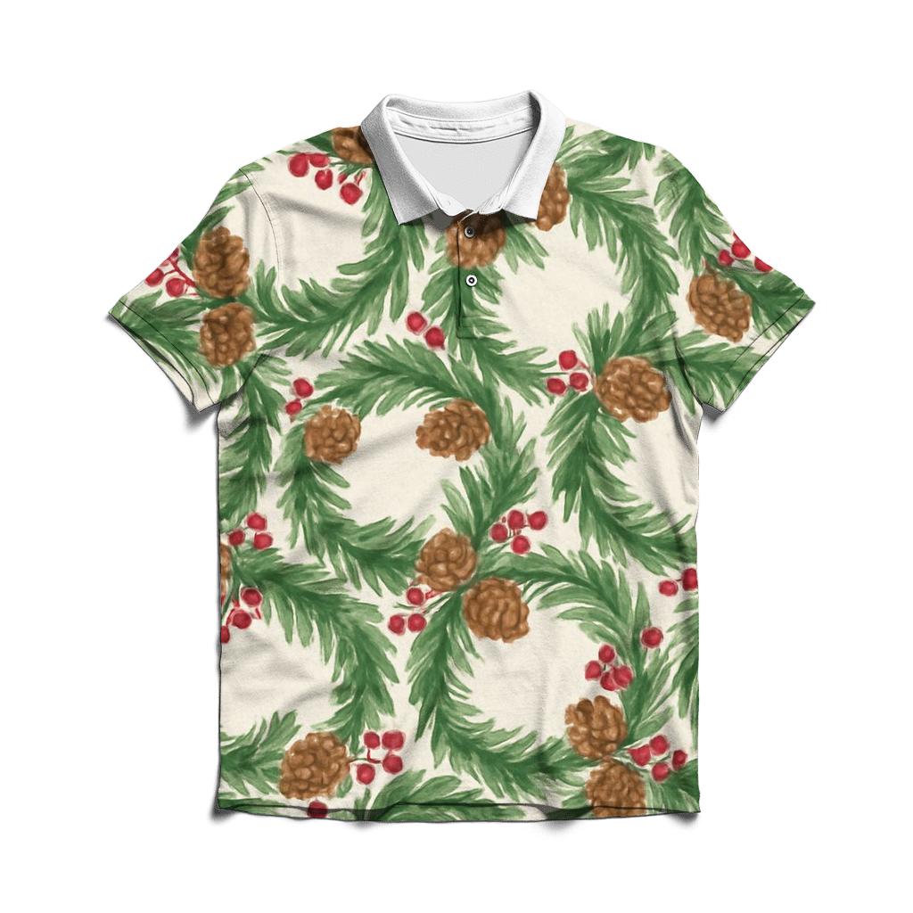 Evergreen Wreath Tessellation On Ivory Background classic pique polos