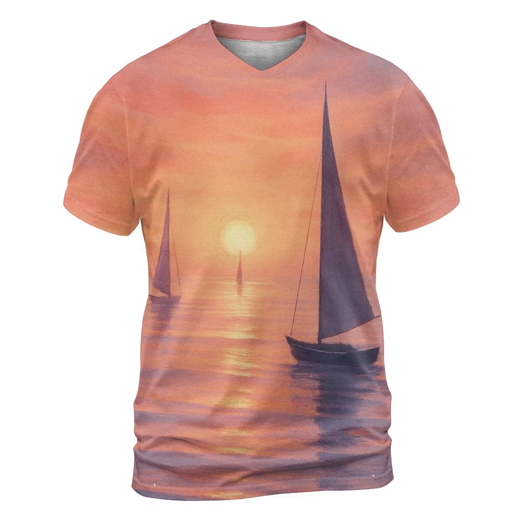 Crimson Harbor Dusk vibrant all-over design tees