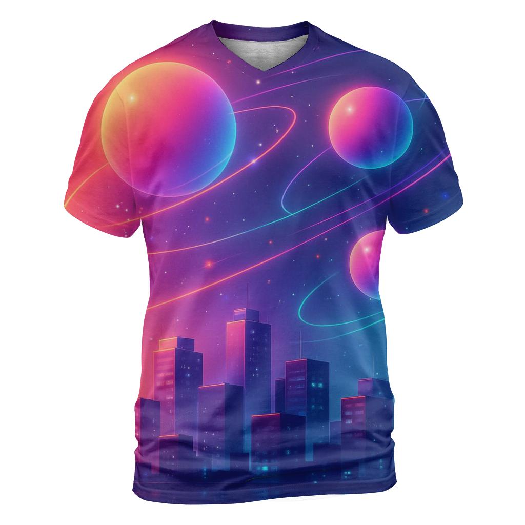 Coral Neon Orbit artistic all-over print tops