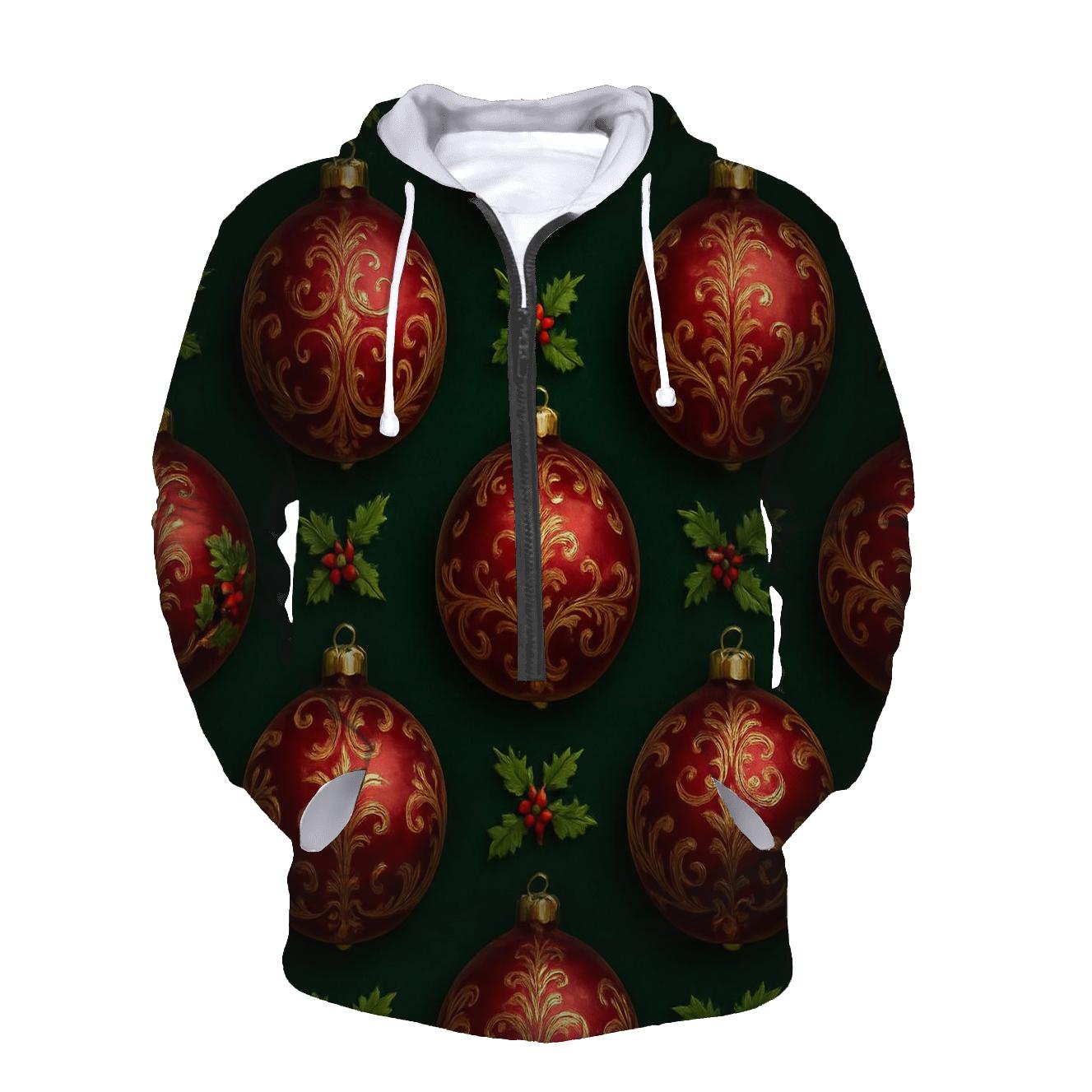 Crimson Ornament Grid On Dark Green Background embroidered hoodies