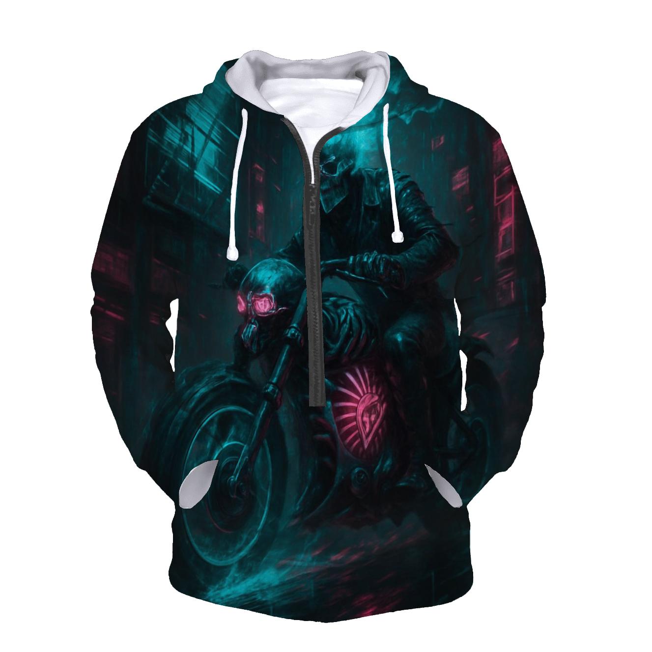 Spectral Rider Through Neon Ruins designer hoodies