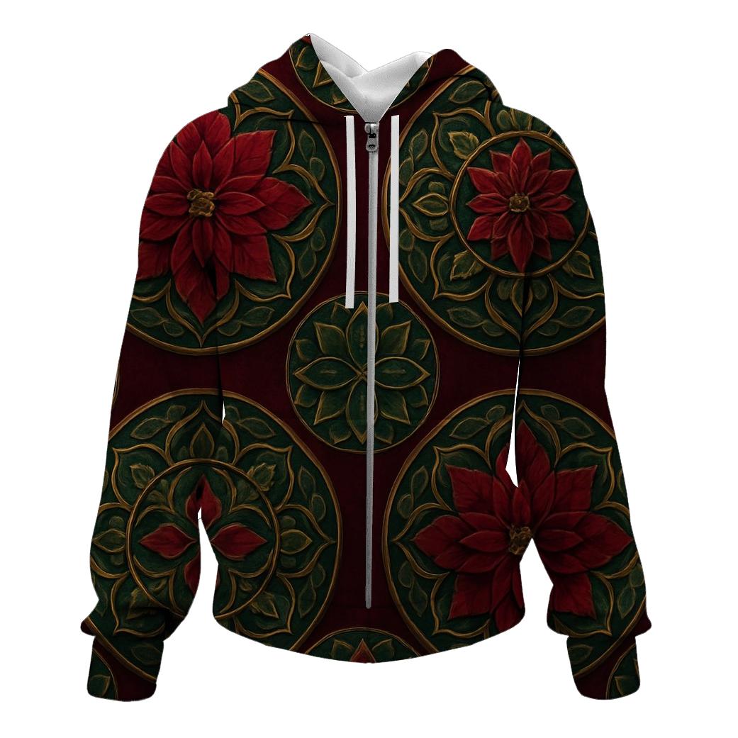 Poinsettia Concentric Array On Burgundy Background zip-up hoodies