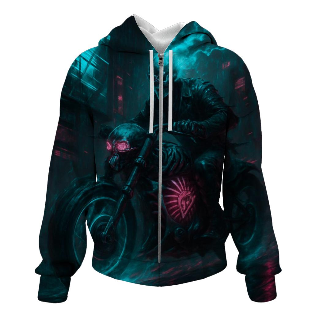 Spectral Rider Through Neon Ruins graphic hoodies