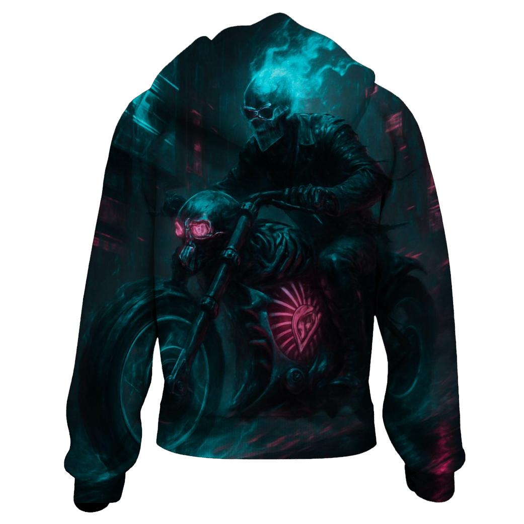 Spectral Rider Through Neon Ruins graphic hoodies