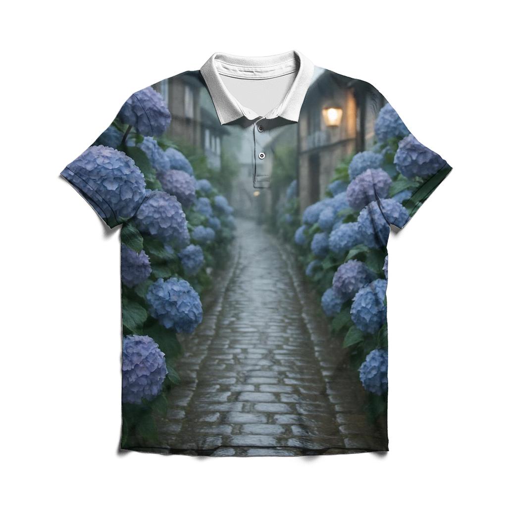 Hydrangea Alley After Village Rain custom polo shirts