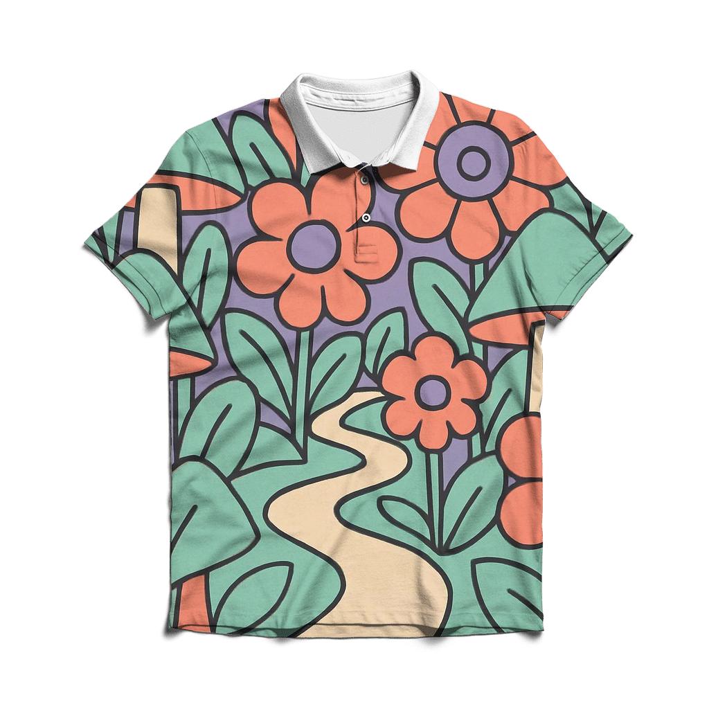 Psychedelic Garden Path branded logo polo shirts