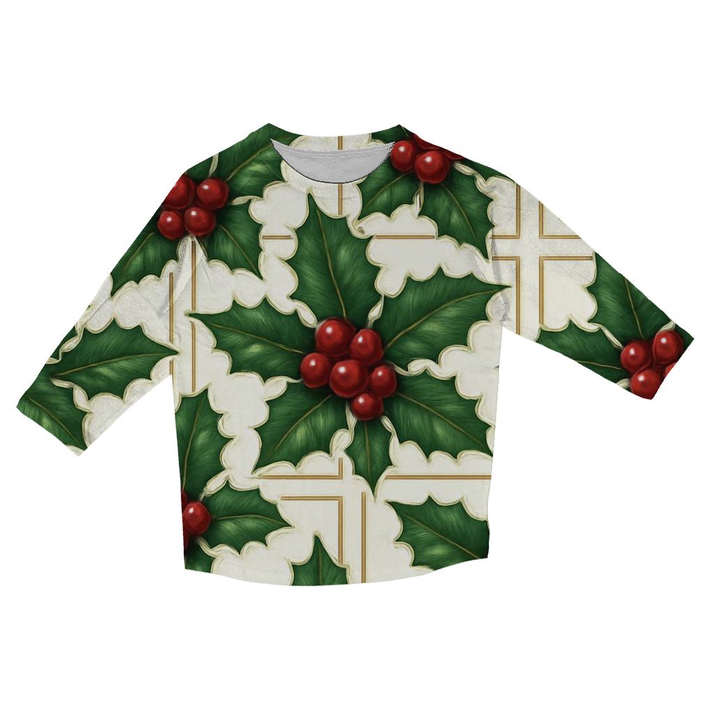 Crimson Holly Grid On White Background fashion 3/4 sleeve shirts