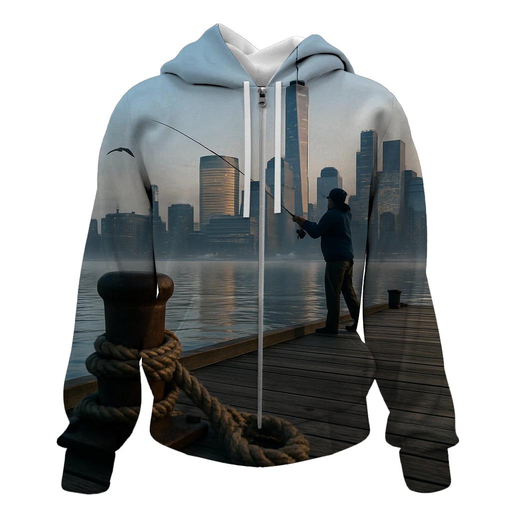 Early Morning Fisherman At Pier 25 printed hoodies