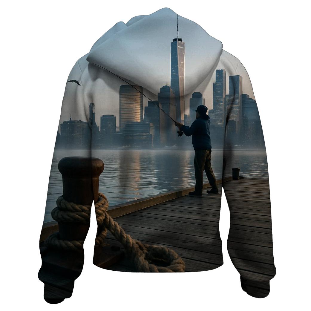 Early Morning Fisherman At Pier 25 printed hoodies