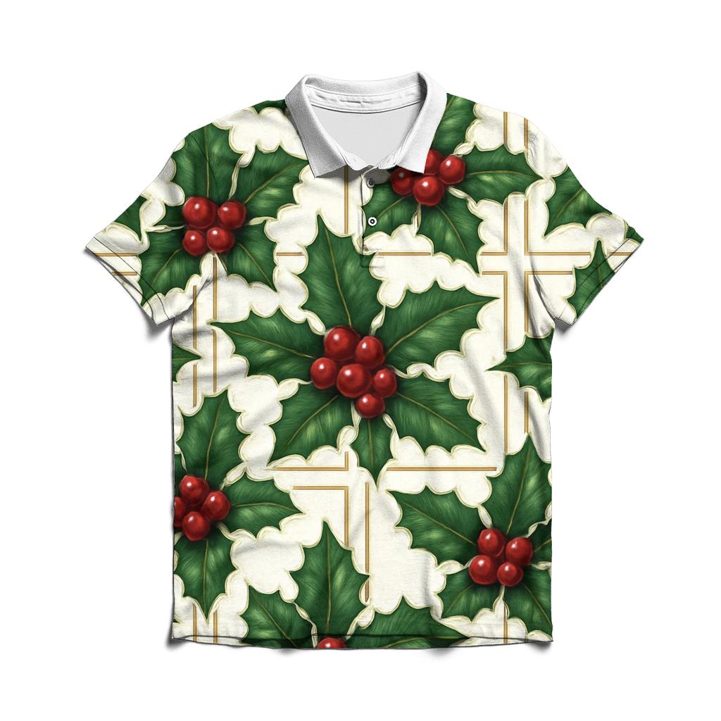 Crimson Holly Grid On White Background custom polo shirts