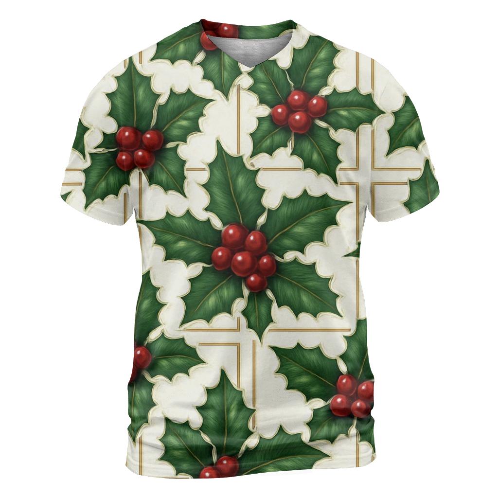 Crimson Holly Grid On White Background designer pattern shirts