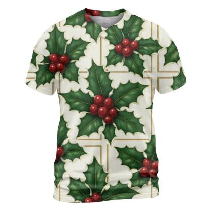 Crimson Holly Grid On White Background designer pattern shirts