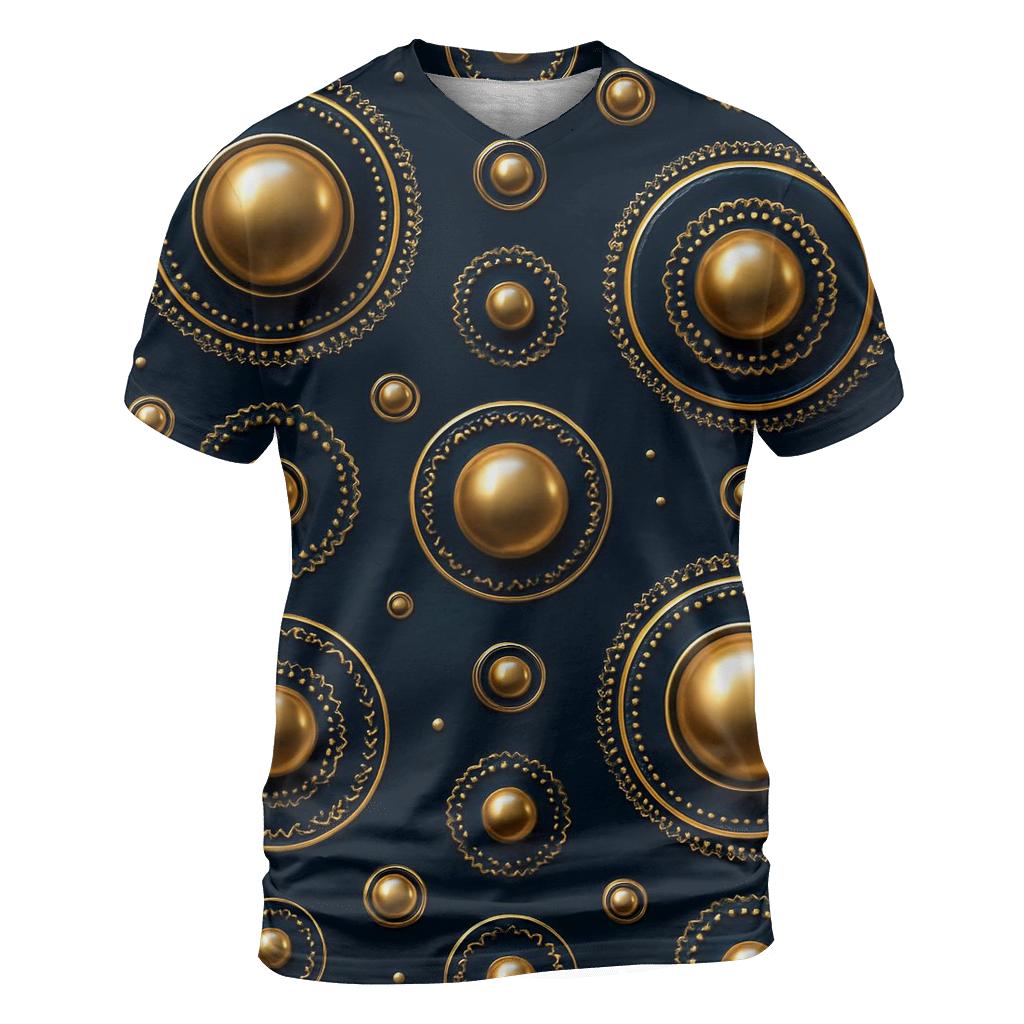 Golden Ornament Concentric Array On Navy Blue artistic all-over print tops