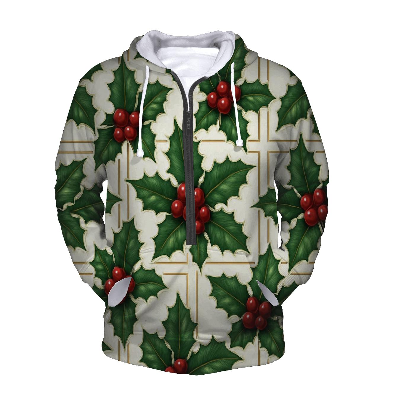 Crimson Holly Grid On White Background zip-up hoodies