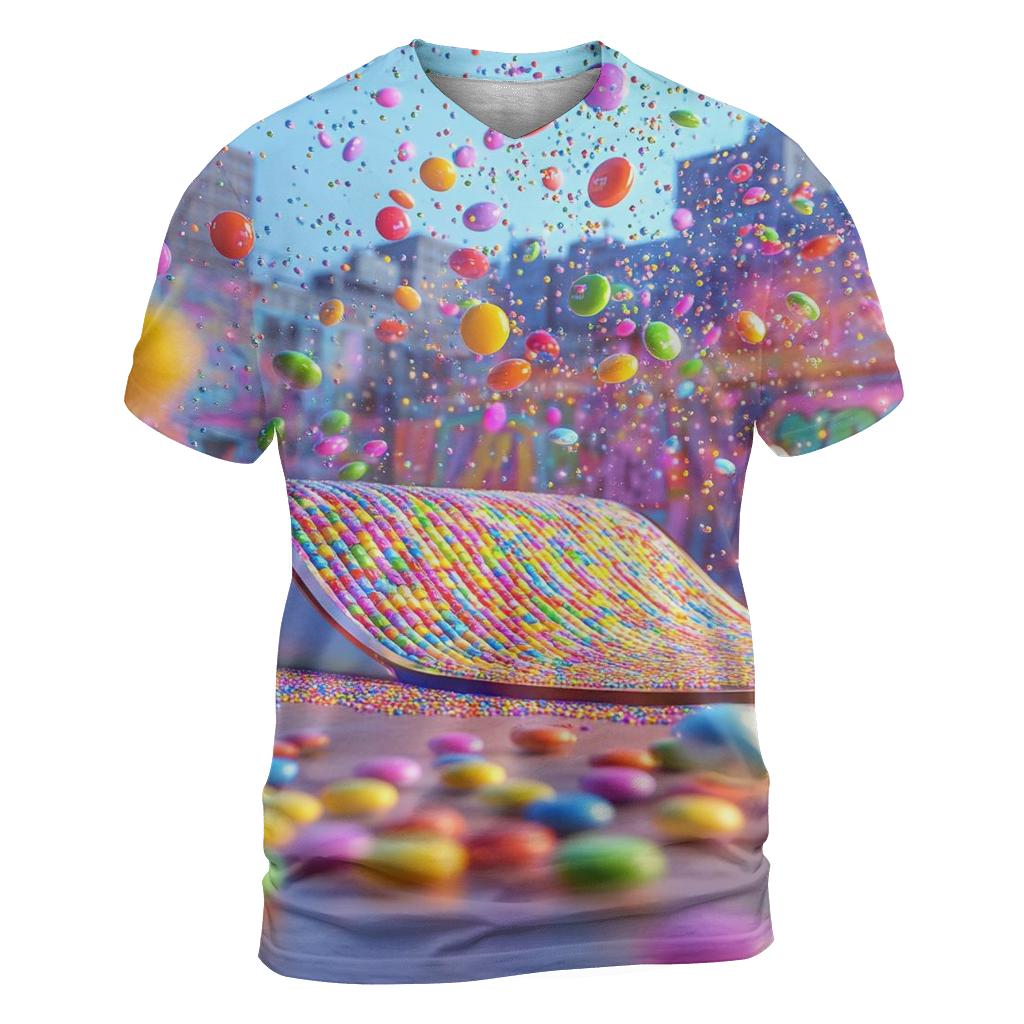 Skittle Rain Parade vibrant all-over design tees