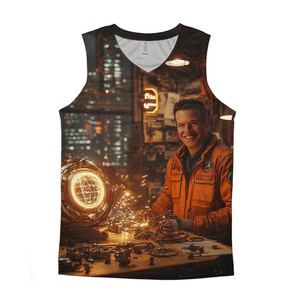 Sam Rockwell: Greasy Charm Of The Industrial Inventor graphic print tank tops