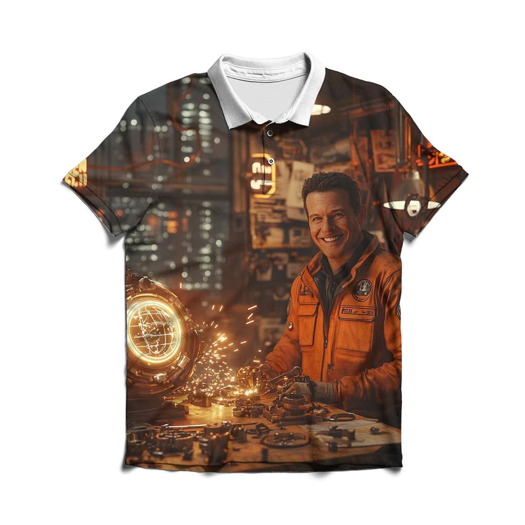 Sam Rockwell: Greasy Charm Of The Industrial Inventor branded logo polo shirts