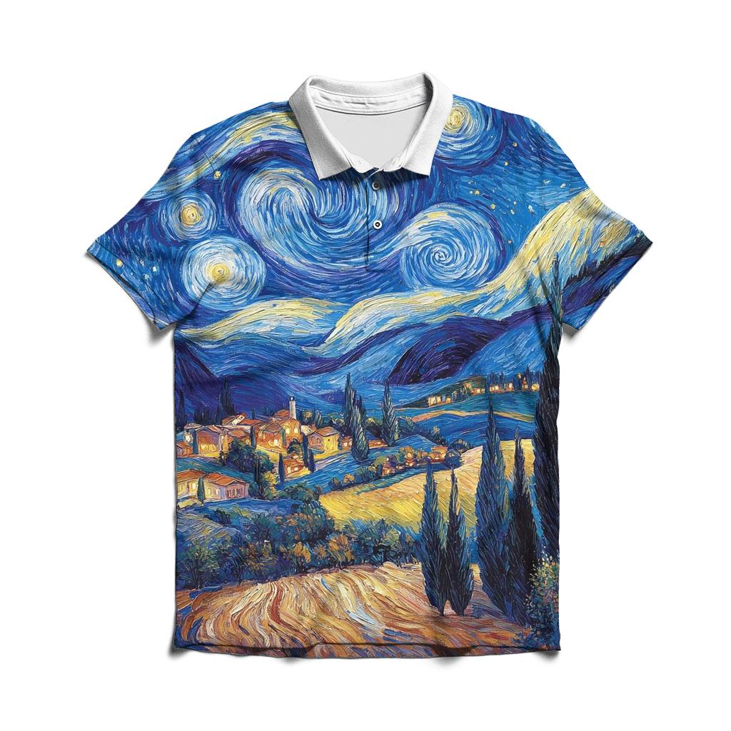 Van Gogh Inspired Starry Countryside embroidered polo tops