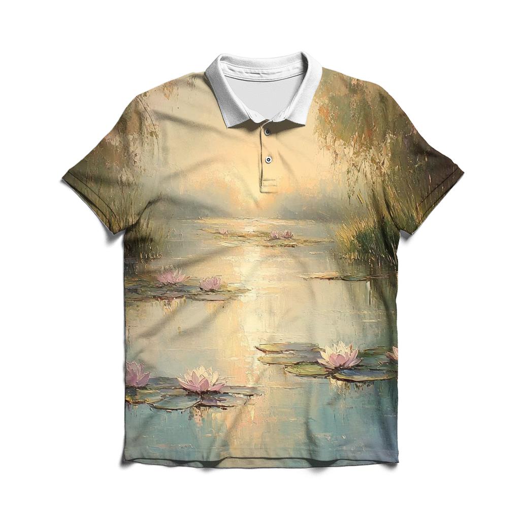 Monet Inspired Water Lilies At Dawn premium cotton polo shirts