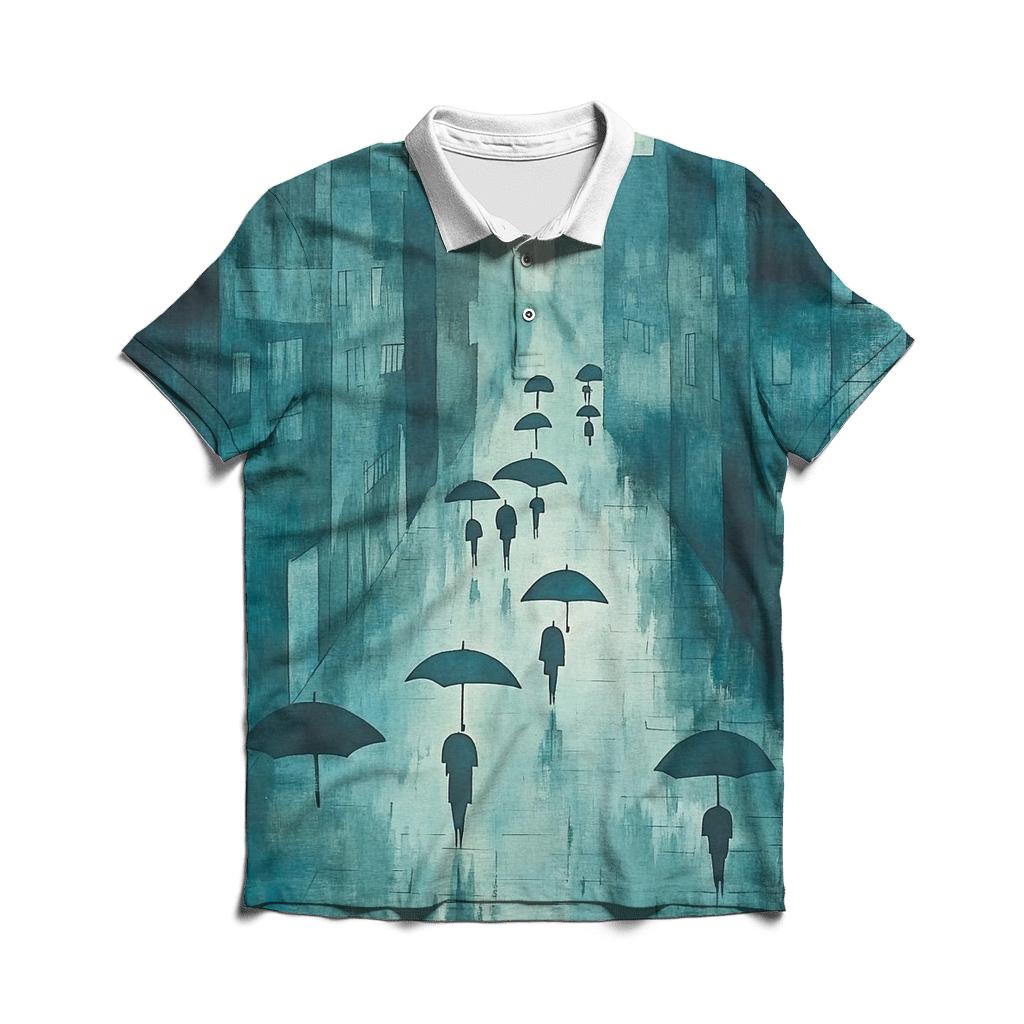 Hiroshige Inspired Rainy City Street embroidered polo tops