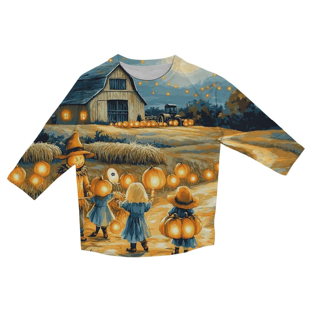 Midnight Harvest Spooky Barn printed three quarter sleeve shirts