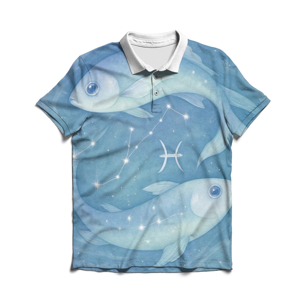 Pisces Cosmic Fish Dream Scene branded logo polo shirts