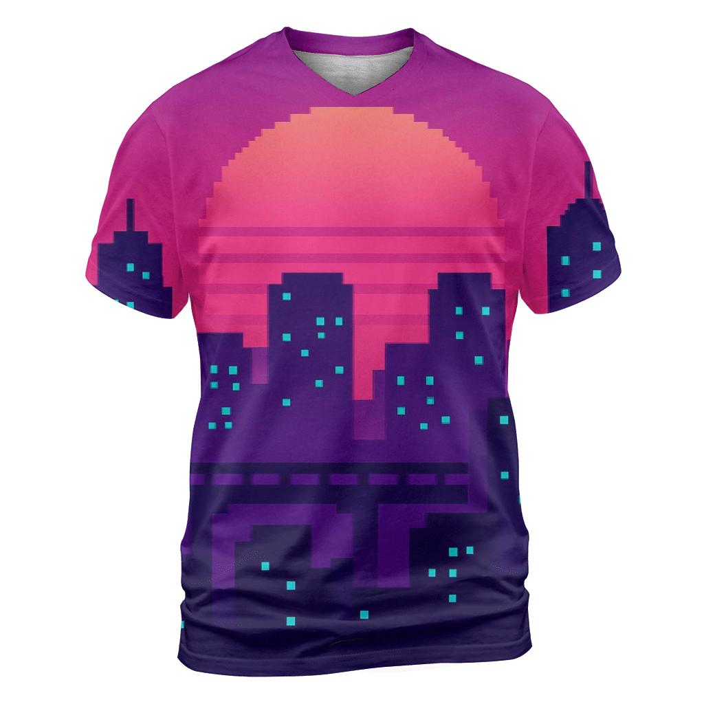 Pixel Skyline Glow vibrant all-over design tees