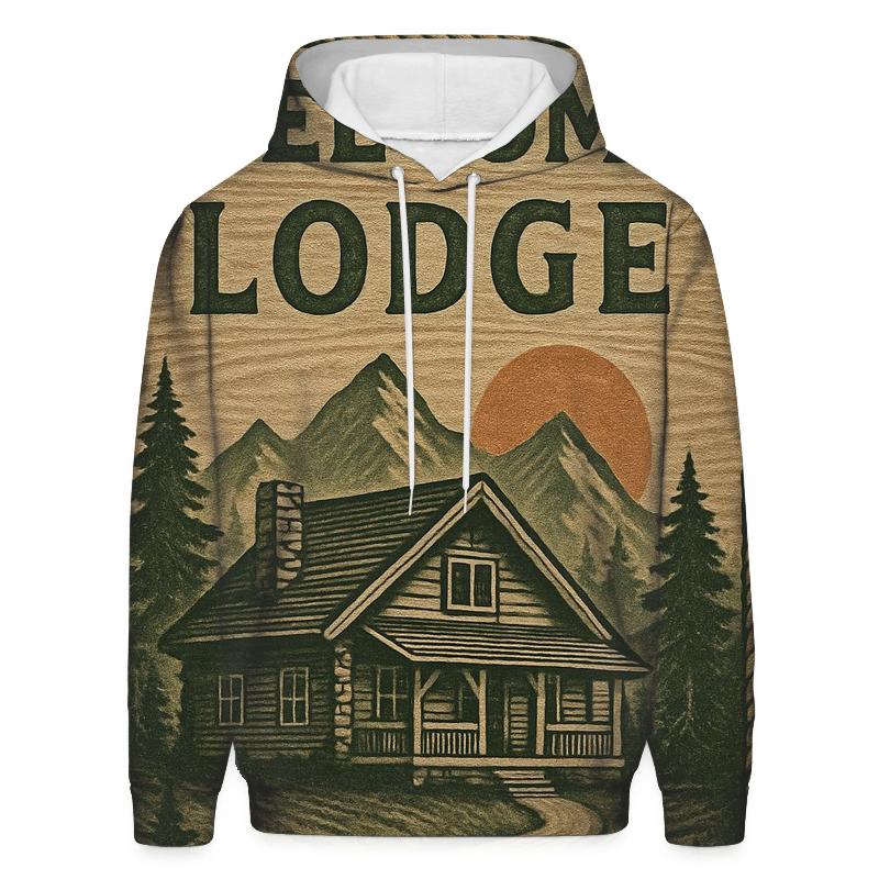 Rustic Mountain Lodge Illustration premium hoodies