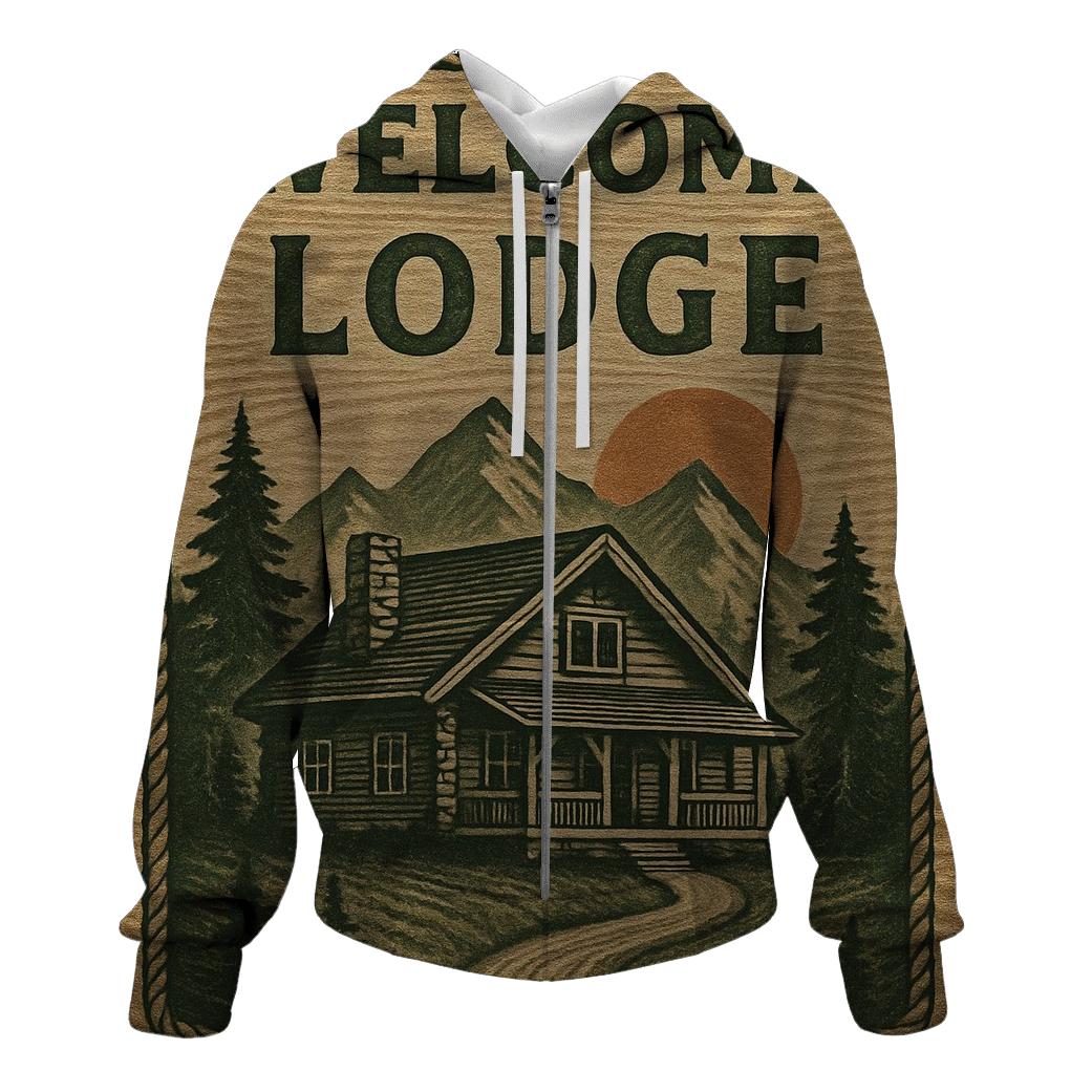Rustic Mountain Lodge Illustration premium hoodies