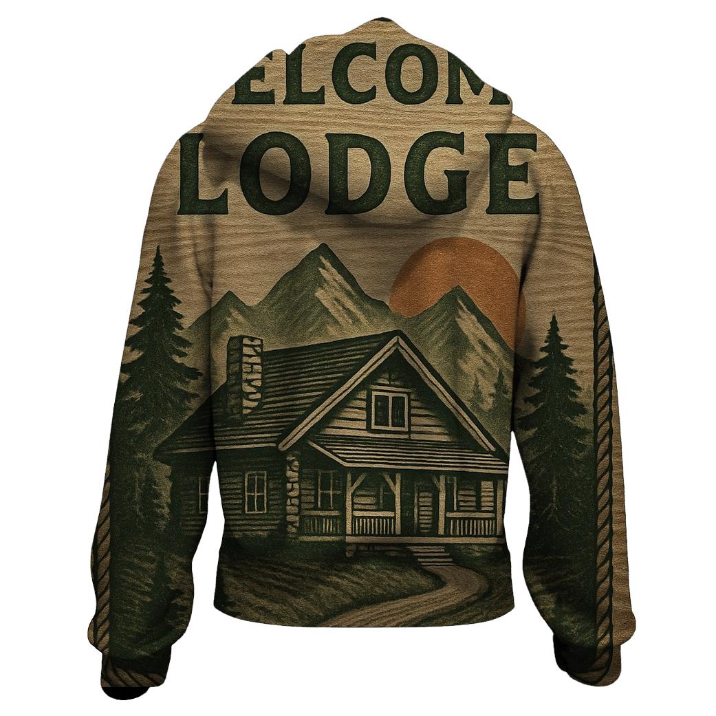 Rustic Mountain Lodge Illustration premium hoodies