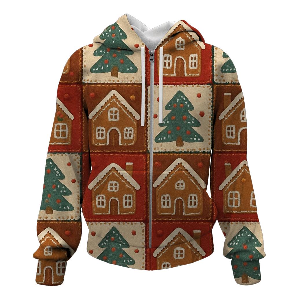 Gingerbread Village Patchwork Design printed hoodies