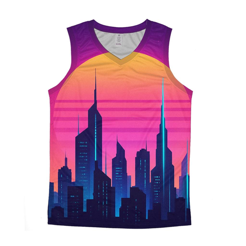 Neon Dusk Skyline graphic print tank tops