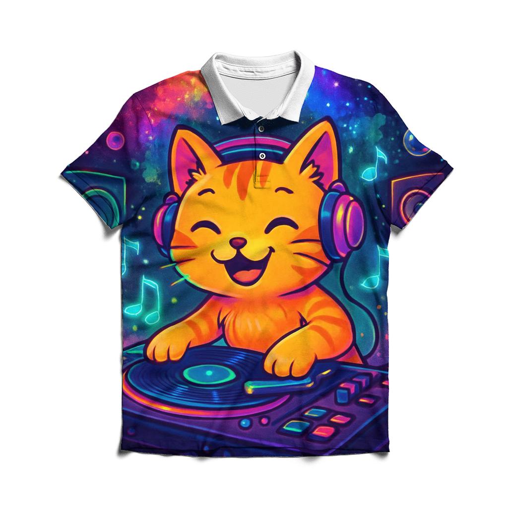 Galactic Rooftop DJ Cat branded logo polo shirts