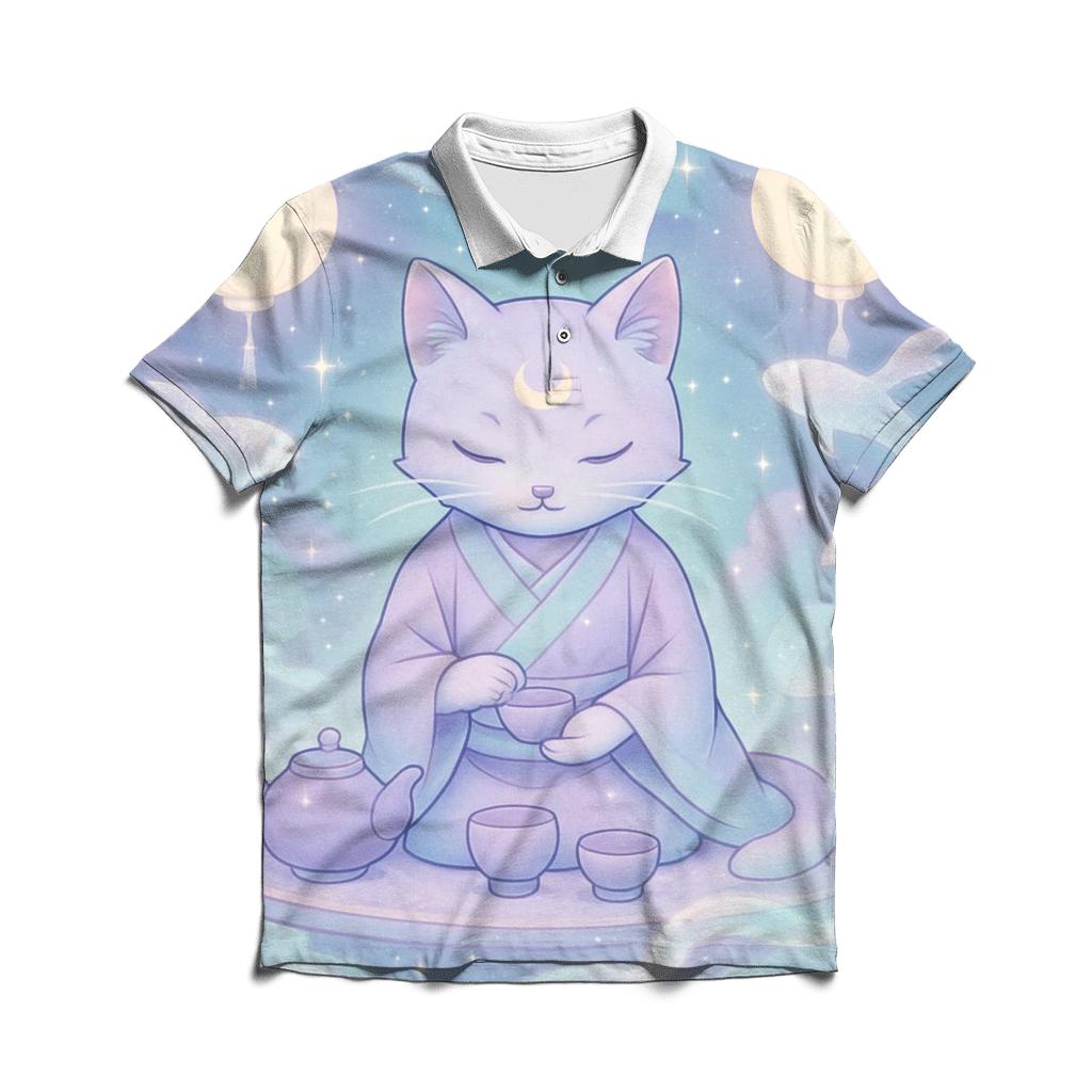 Cosmic Tea Ceremony Cat premium cotton polo shirts