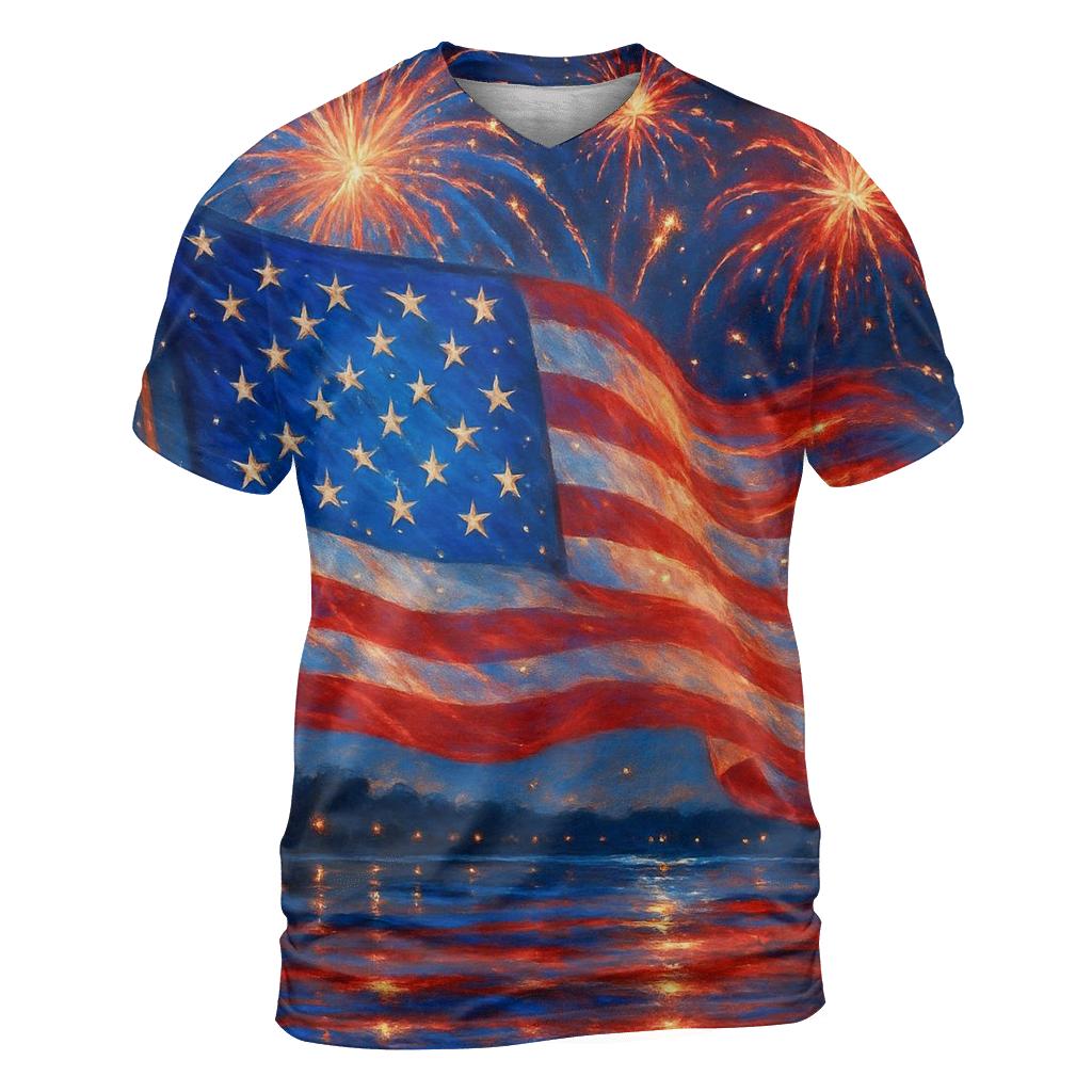 Firework Cascade Flag vibrant all-over design tees