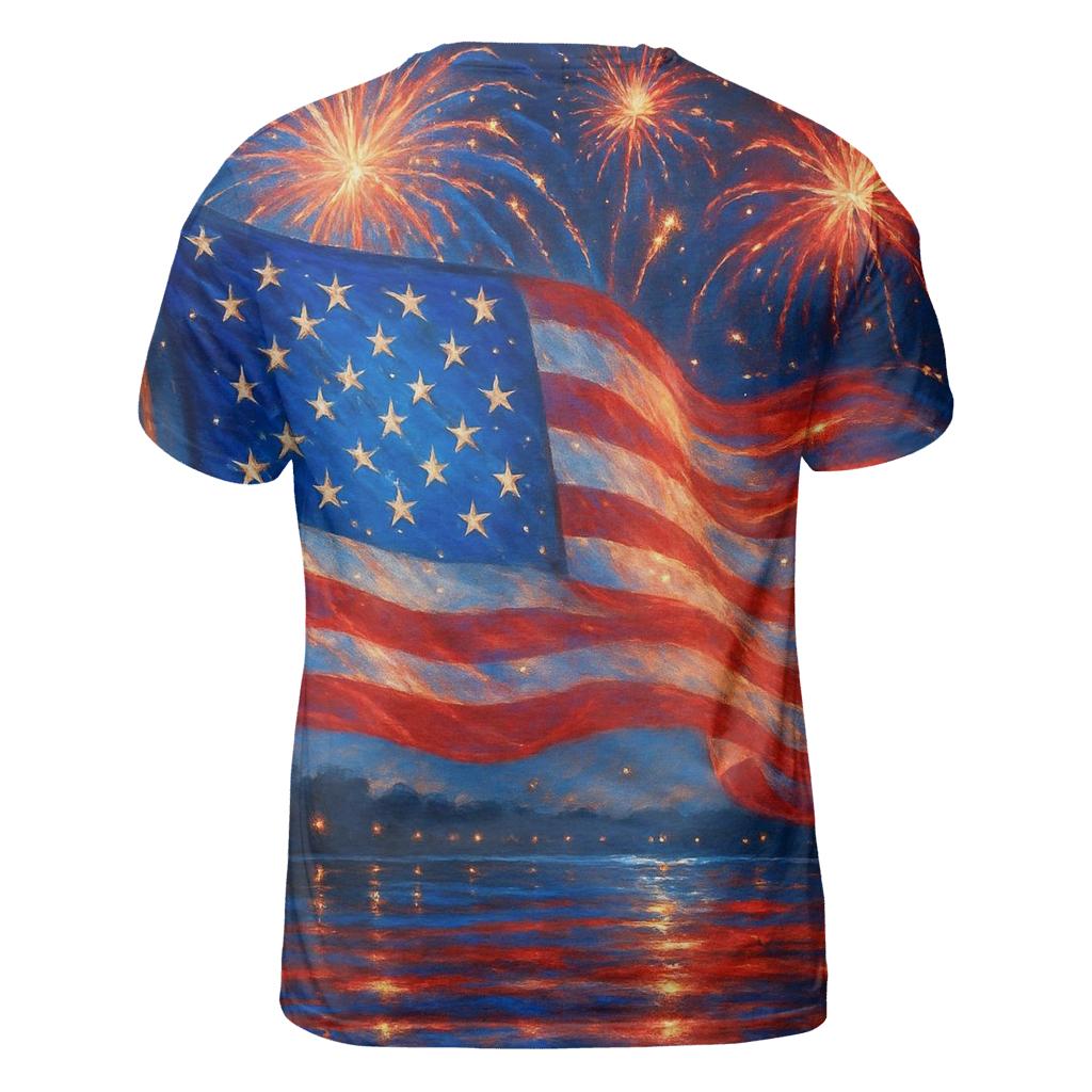 Firework Cascade Flag vibrant all-over design tees