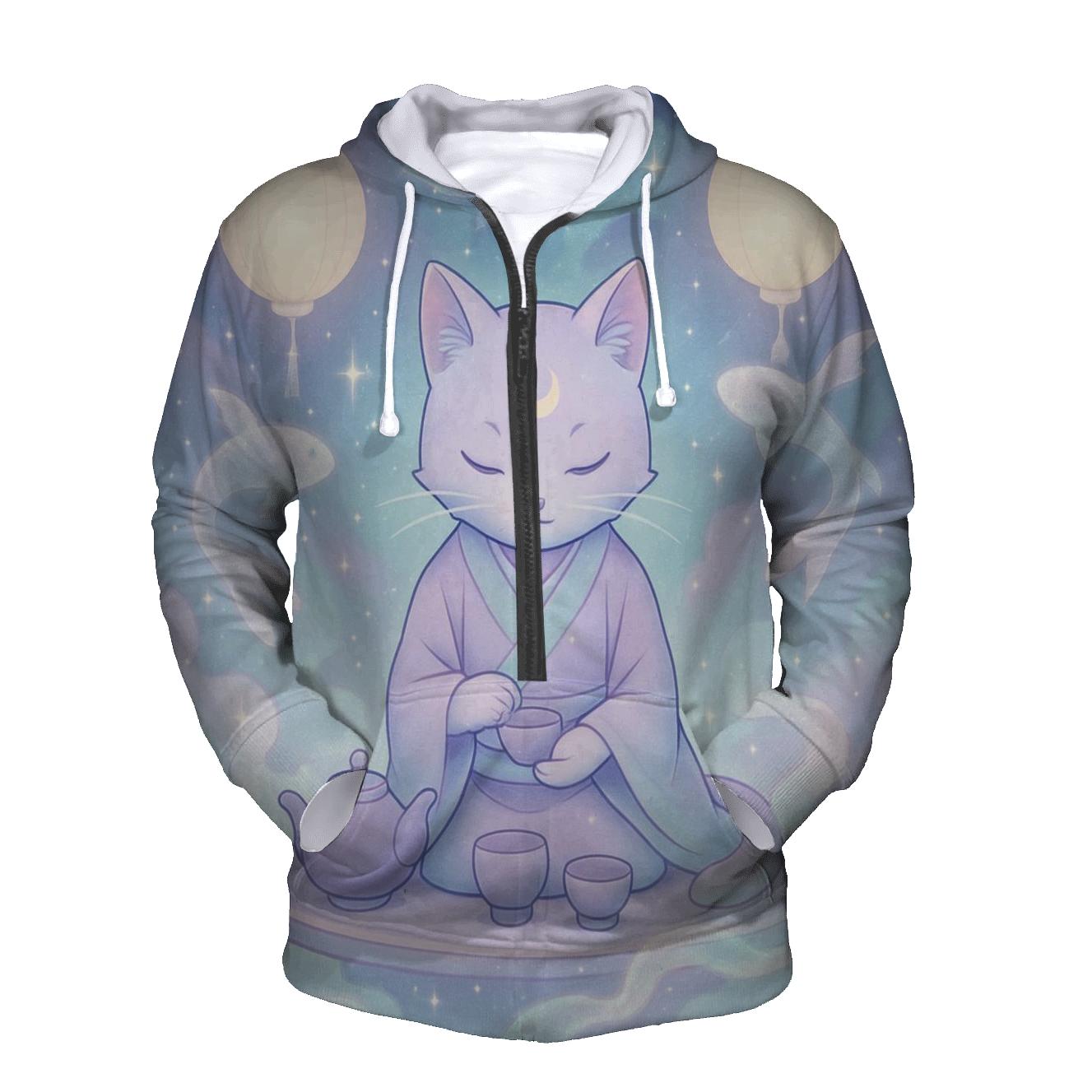 Cosmic Tea Ceremony Cat graphic hoodies