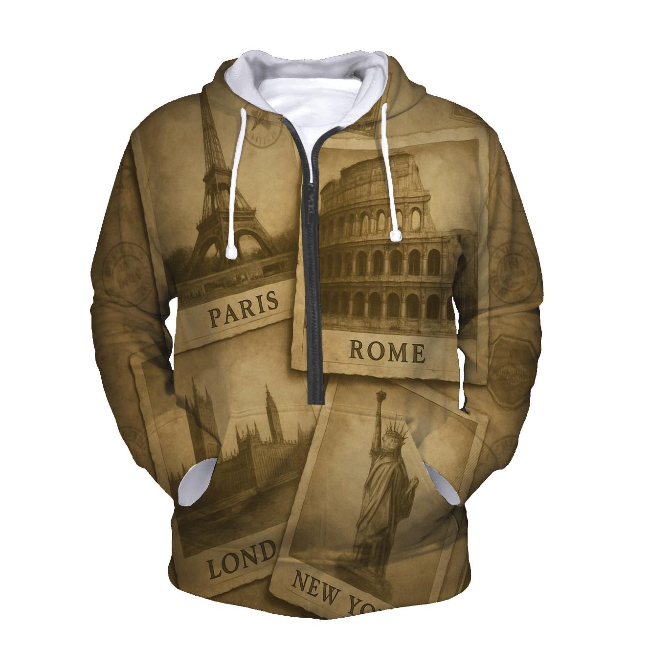 Sepia Traveler Postcard Collage embroidered hoodies