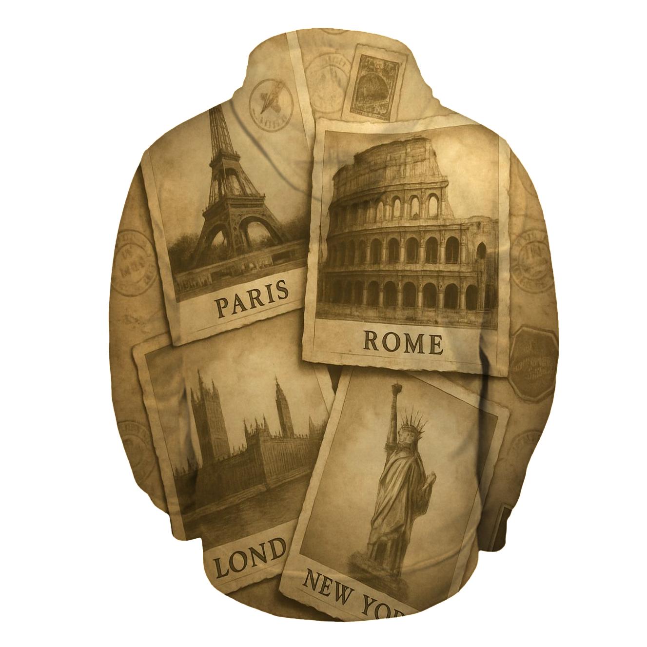 Sepia Traveler Postcard Collage embroidered hoodies
