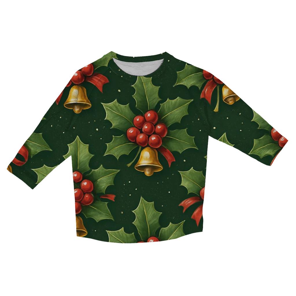 Crimson Holly Tiling On Green Background casual three quarter sleeve shirts