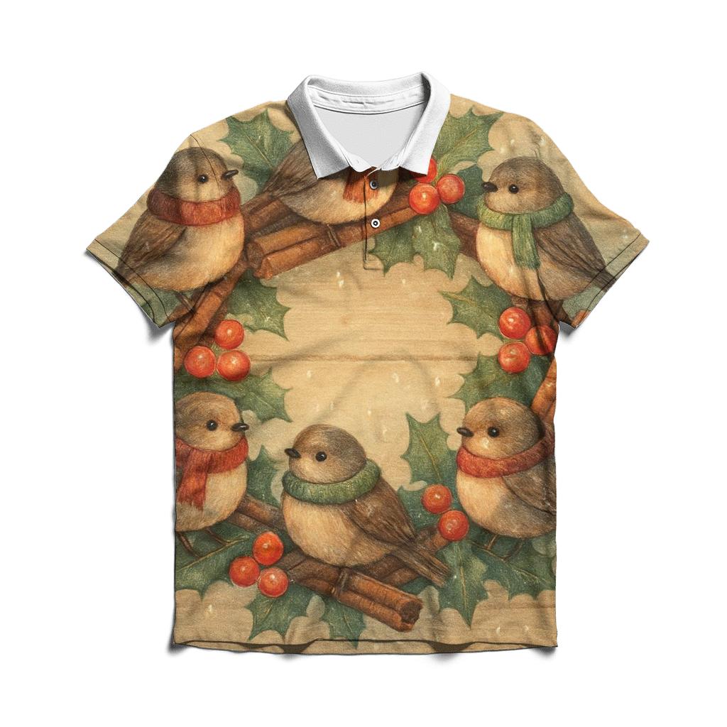 Wreath Of Woodland Snowbirds casual sports polo shirts