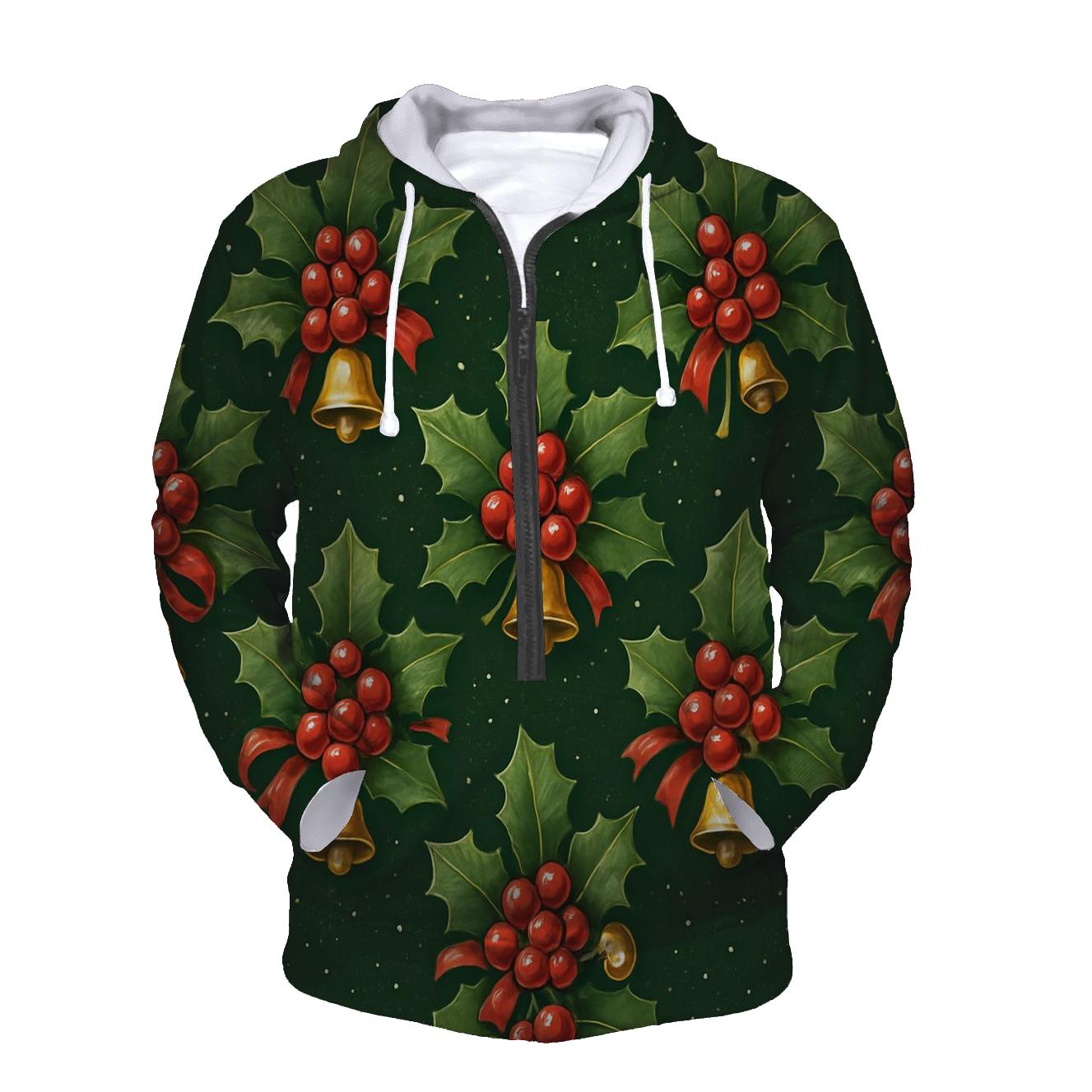 Crimson Holly Tiling On Green Background premium hoodies
