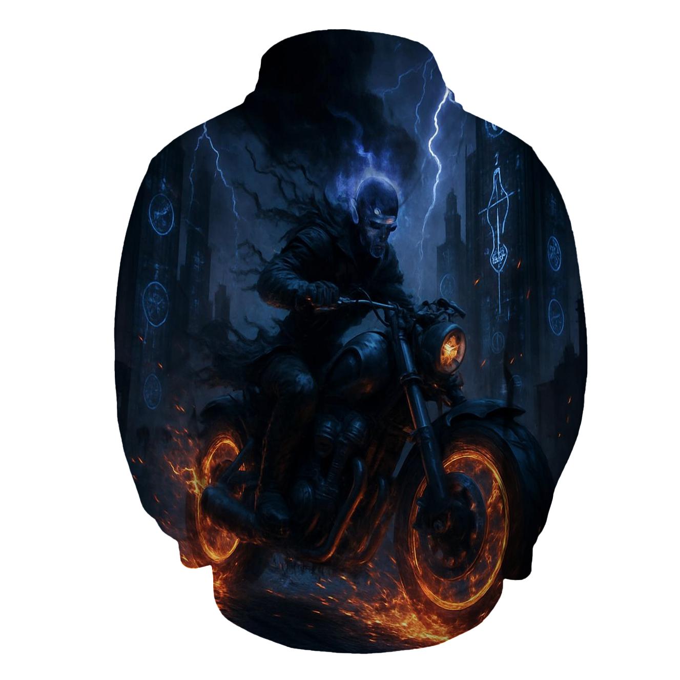 Grim Rider Through Neon Ruins hoodie styles