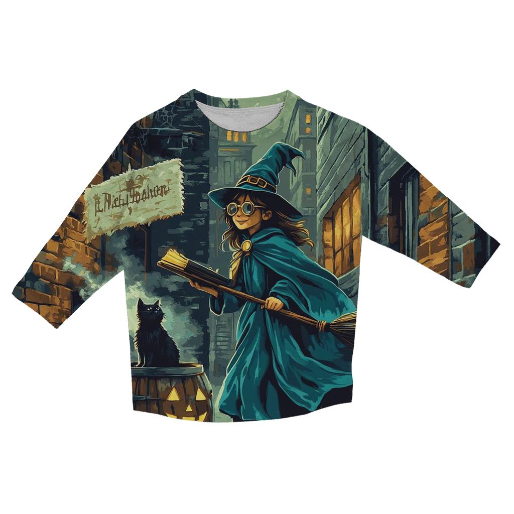 Midnight Witch In Spooky Alley printed three quarter sleeve shirts