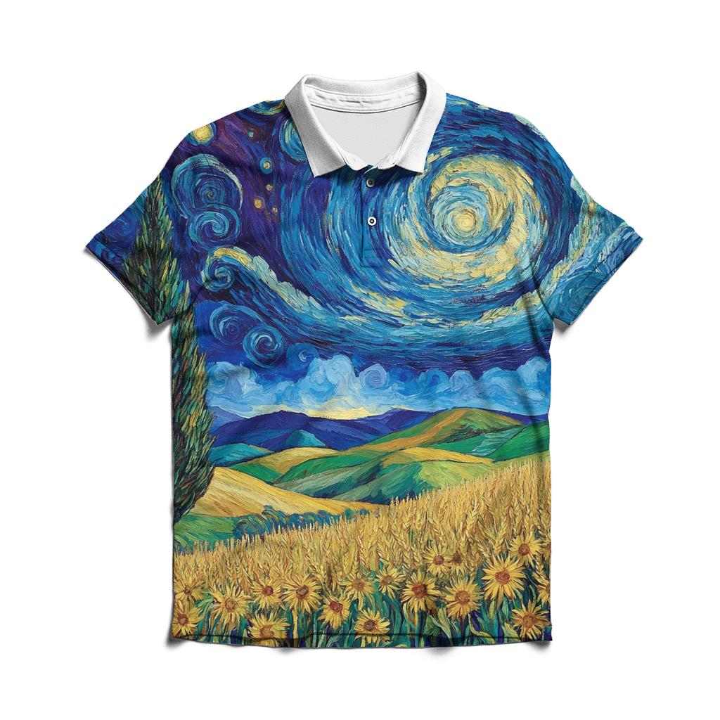 Van Gogh Inspired Starry Countryside branded logo polo shirts